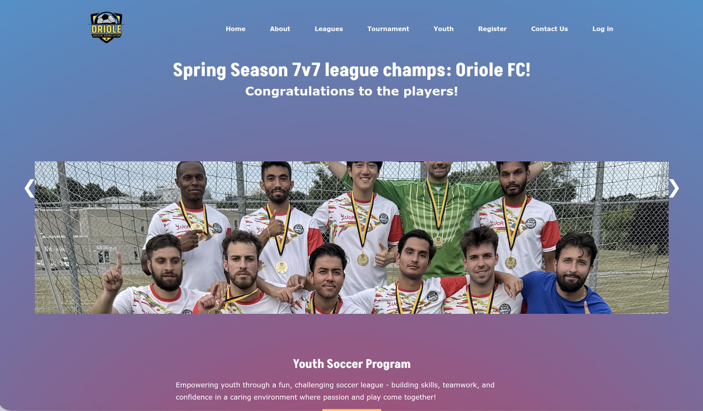 Oriole Soccer Association website with team schedules and registration
